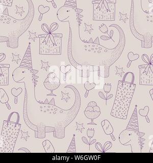 Outline birthday vector seamless pattern with cheerful cute dinosaur. Detailed dino greeting illustration. Stock Vector