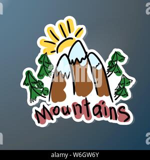 Mountain expedition stiker. Logo in doodle style. Extreme exploration car decal. Adventure hiking creative emblem outdoors. Concept Hand calligraphy s Stock Vector