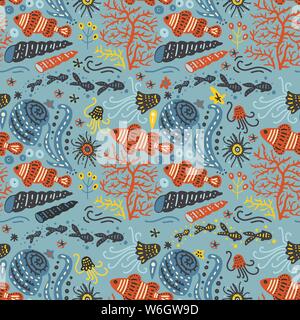 Vector handdrawn sea seamless pattern with various marine animals. Ornate summer illustration with clownfishes and shells. Stock Vector
