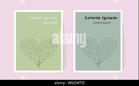Flowering Sketch botanical. Handmade Dandelion in Doodle Style. Flying petals in the shape of a heart. Template summer card. Set of posters in green, Stock Vector