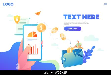 Vector concept of worldwide money transfer. Sending yellow coins from smart phone in businessman hands. Illustration in flat style. Stock Vector