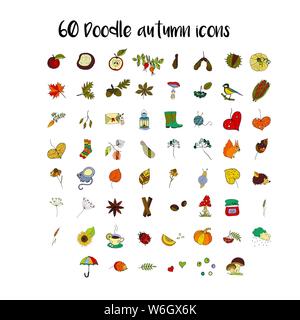 Big set of handdrawn unique autumn icons. Vector doodle illustrations. Perfect for logotypes, autumn cards, apparel design. . Stock Vector