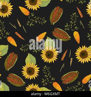 Cartoon doodle illustration. Seamless autumn vector pattern with autumn harvest - corns, wheas, sunflowers and carrots Stock Vector