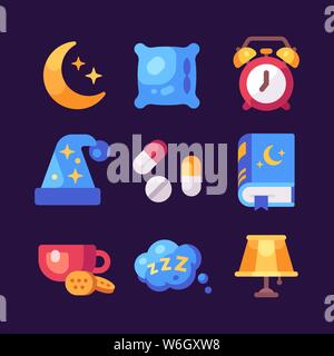 Set of flat sleep icons on dark background. Moon, pillow, alarm clock, pills, tea, lamp, book and sleeping cap Stock Vector