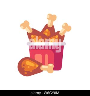 Bucket of fried chicken legs. Fast food flat icon Stock Vector