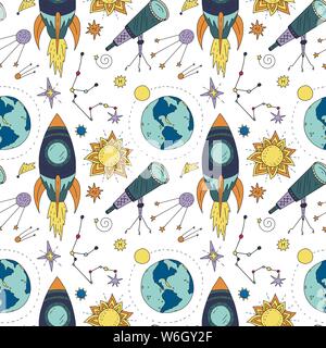 Seamless vector pattern with cosmos doodle illustrations. Galaxy handdrawn elements. Stock Vector