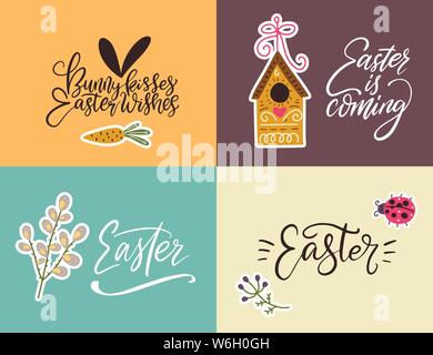 Handdrawn Easter cards with cute illustrations. Handwritten lettering postcards. Stock Vector
