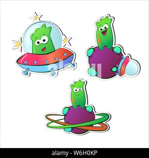 Extraraterrestrial Green Funny cartoon characters with emotions. Aliens on purple planet and spaceship. A set of monsters stickers. Talisman for print Stock Vector