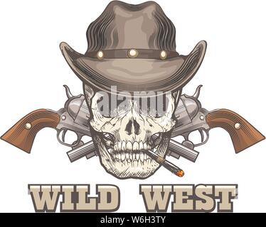 Human skull in Cowboy hat with two revolvers with wording Wild West. Vector illustration. Stock Vector