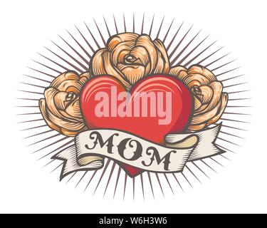 Retro tattoo of Heart with rose flowers and ribbon with wording MOM. Retro tattooector illustration Stock Vector