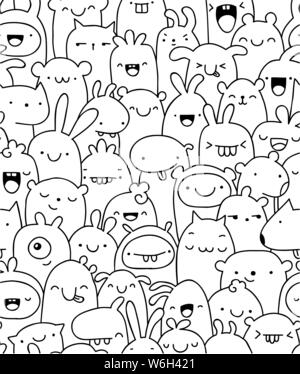 Cute and fun pattern with various imaginary characters Stock Vector