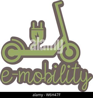 electric push scooter e-scooter symbol with plug and text e-mobility vector illustration Stock Vector