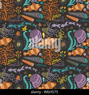 Vector handdrawn sea seamless pattern with various marine animals. Ornate summer illustration. Stock Vector