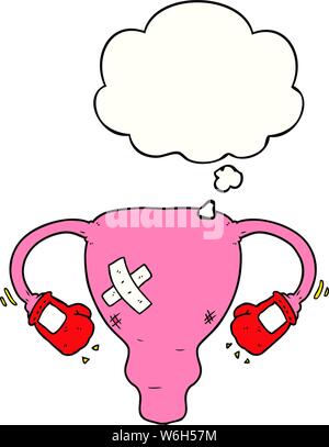 cartoon beat up uterus with boxing gloves with thought bubble Stock Vector