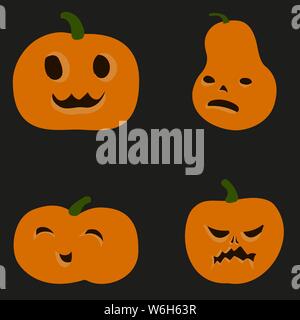 Cartoon flat style colorful pumpkin icons set. Sign kit of halloween. Vector simple vegetable illustration. Stock Vector