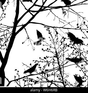 Background illustration with pigeons silhouettes in the trees, vector Stock Vector