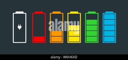Battery charge indicator icons set. Charging level full power low to high up and electric plug. Gadget eps alkaline energy status flat vector illustration Stock Vector