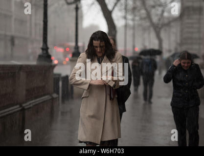 Whitehall, London, UK. 8th December, 2015. Secretary of State for Northern Ireland, Theresa Villiers, gets caught out in a torrential downpour on her Stock Photo