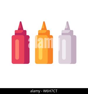 Ketchup, mustard and mayonnaise bottles. Sauce tubes flat icons Stock Vector