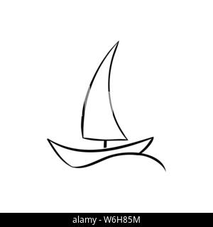 Sailboat black and white vector illustration. Ancient vessel with sails and flags sketch for coloring book. Vintage ship on waves engraving. Travel ag Stock Vector