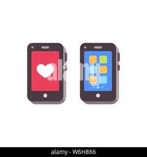 Smartphpones with like and apps. Mobile phones flat icons Stock Vector