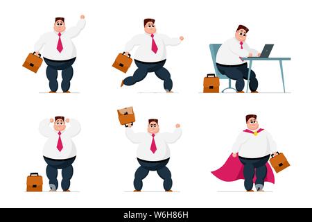 Businessman collection. Office fat worker business men in different situations set. Manager cartoon character job actions and emotions vector illustration Stock Vector