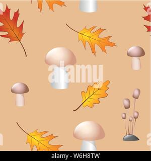 seamless pattern autumn leaves and mushrooms background vector illustration EPS10 Stock Vector
