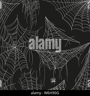 Cobweb set on black. Tangled spider white web for catching insects in spooky darkness. Vector hand-draw cartoon illustration. Stock Vector