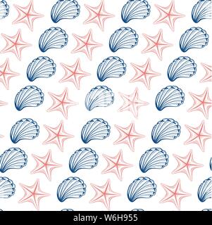 Seashells and starfish vector seamless pattern. Marine life creatures colorful drawings. Sea urchin freehand outline. Underwater animals engraving. Wa Stock Vector