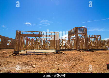 New Home Under Construction In Framing Stage Stock Photo