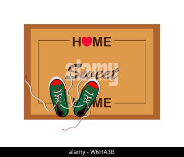 Mat with the inscription Home sweet home. On the rug are sneakers. Vector illustration Stock Vector