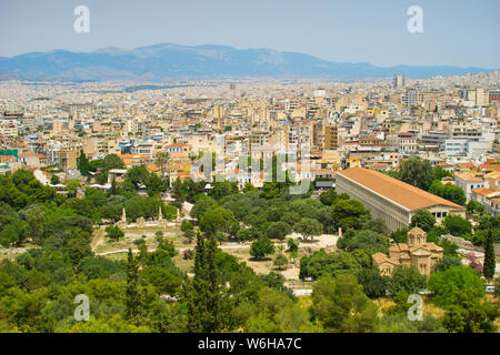Panoramic view of Athens city and Stoa of Attalos from Acropolis hill in Greece Stock Photo