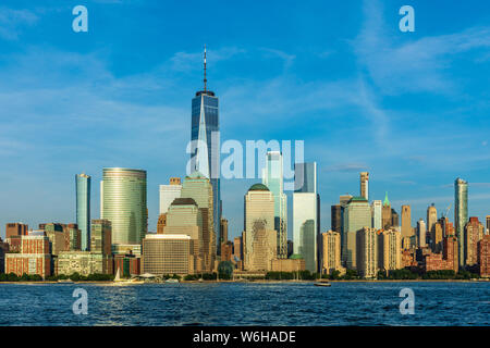 View to Lower Manhattan Skyline from Exchange Place in Jersey City at sunset. Stock Photo