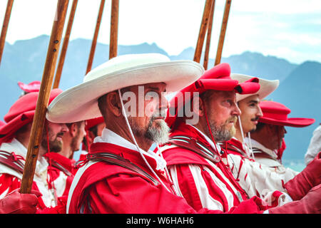 Vevey, Switzerland - Aug 1 2019: Traditional parade on Swiss National Day. National holiday of Switzerland, set on 1st August. Celebration of the founding of the Swiss Confederacy. Independence day. Stock Photo