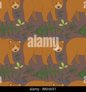 Seamless vector forest pattern with cute color illustrations. Wild grizzly bears in the forest. Stock Vector