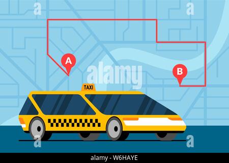 Modern yellow car on city map with route a to b and gps navigation marker pins location icons. Online navigation application order taxicab service. Get taxi cab flat vector illustration eps template Stock Vector