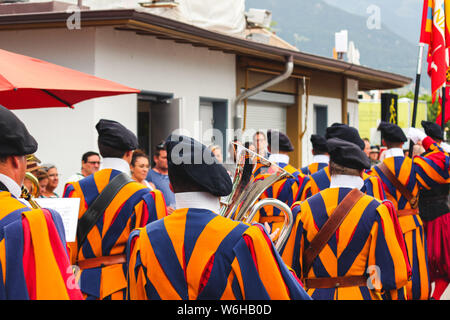 Vevey, Switzerland - Aug 1 2019: Traditional parade on Swiss National Day. National holiday of Switzerland, set on 1st August. Celebration of the founding of the Swiss Confederacy. Independence day. Stock Photo