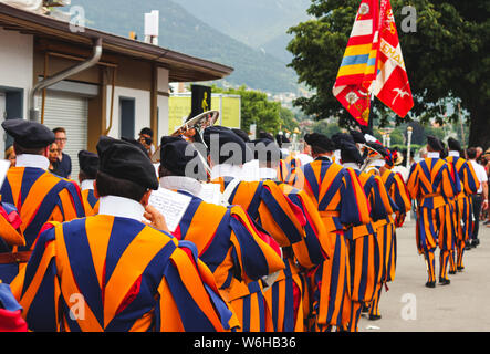 Vevey, Switzerland - Aug 1 2019: Traditional parade on Swiss National Day. National holiday of Switzerland, set on 1st August. Celebration of the founding of the Swiss Confederacy. Independence day. Stock Photo