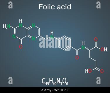 Folic acid, folate molecule. It is known as vitamin B9. Structural chemical formula on the dark blue background. Vector illustration Stock Vector