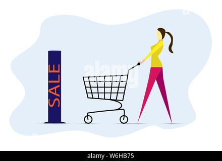 Stylish girl walks in with an empty cart to a discount store, flat design Stock Vector