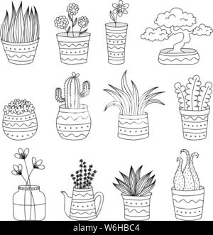 Collection of 12 doodle flower pots with various plants, suitable for coloring Stock Vector