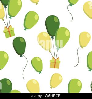Vector seamless pattern with colorful gifts in boxes and flying yellow green balloons. Endless texture. Wrapping paper,textile fabric print. Positive Stock Vector