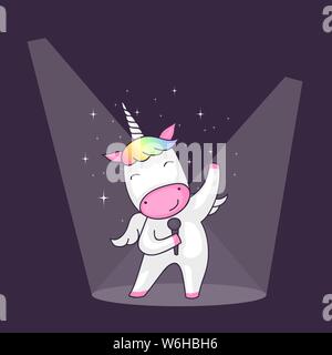 Cute cartoon of a unicorn holding a microphone and singing on stage in the spotlights Stock Vector