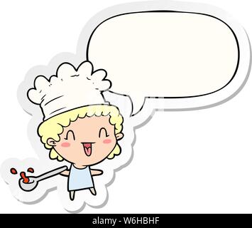 cute cartoon happy chef with speech bubble sticker Stock Vector