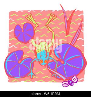 Frog lounging on lily pads in a pond or lake, catching a bug flying by with it's extended tongue Stock Vector