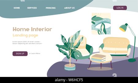 Design template for Landing Page. Homepage. Interior design and decoration concepts. Elements of home interior sofa, floor lamp and paintings. Vector Stock Vector