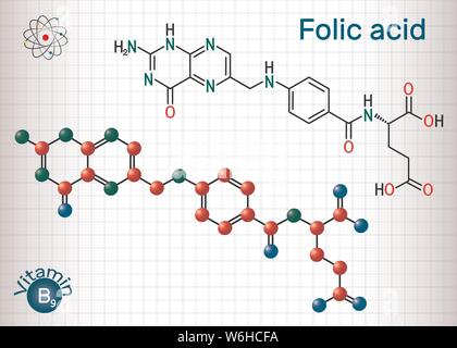 Folic acid, folate molecule. It is known as vitamin B9. Sheet of paper in a cage. Structural chemical formula and molecule model. Vector illustration Stock Vector