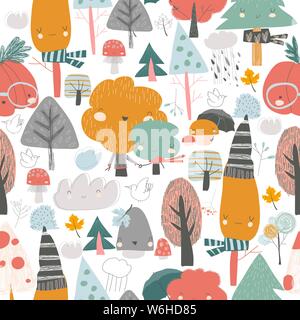 Seamless pattern with colorful autumn trees. Cartoon yellow orange autumn tree on white background Stock Vector