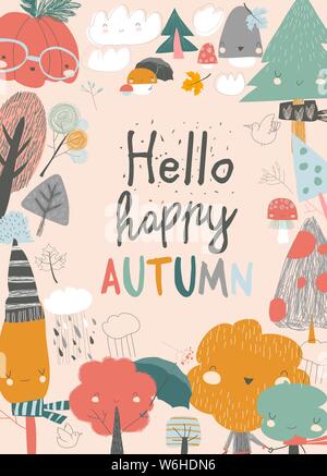 Cute frame composed of colorful autumn trees. Cartoon yellow orange autumn tree on white background Stock Vector
