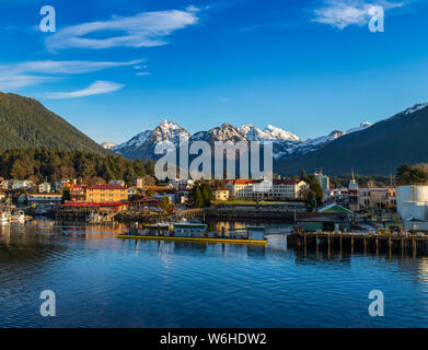Winter view of Sitka Harbour with Gavan Hill and The Sisters mountains in background; Sitka, Alaska, United States of America Stock Photo